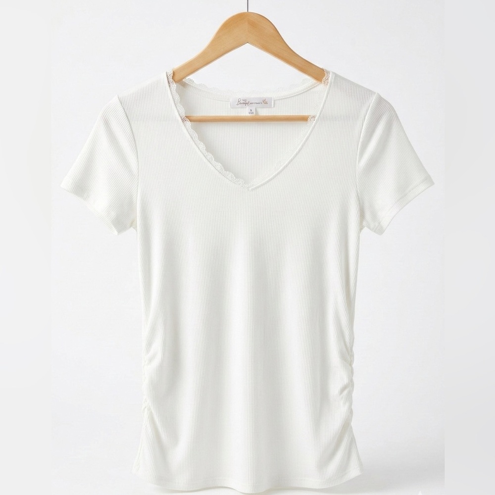 Two Beautiful Maternity Rib Knit Lace Trim Top White V-Neck Short Sleeve S